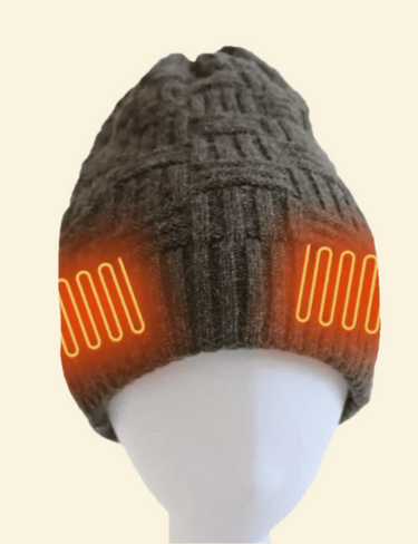 Warmweave USB heated beanie hat shown from the front, highlighting the built-in ear warming heating zones in bright orange glow.